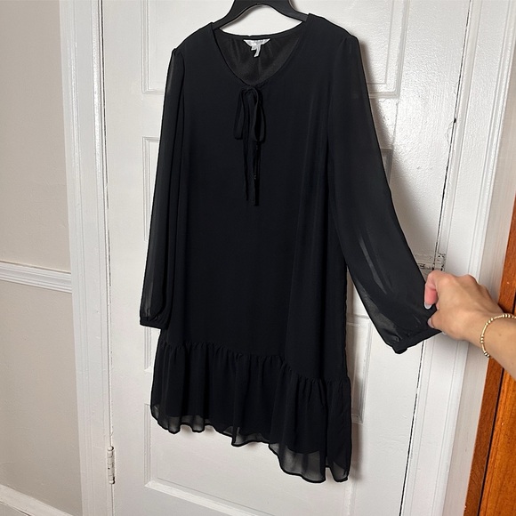 Draper James Black Knee Length Dress Sheer Long Sleeve Ruffle Hem Minimalist Lg - Picture 11 of 17